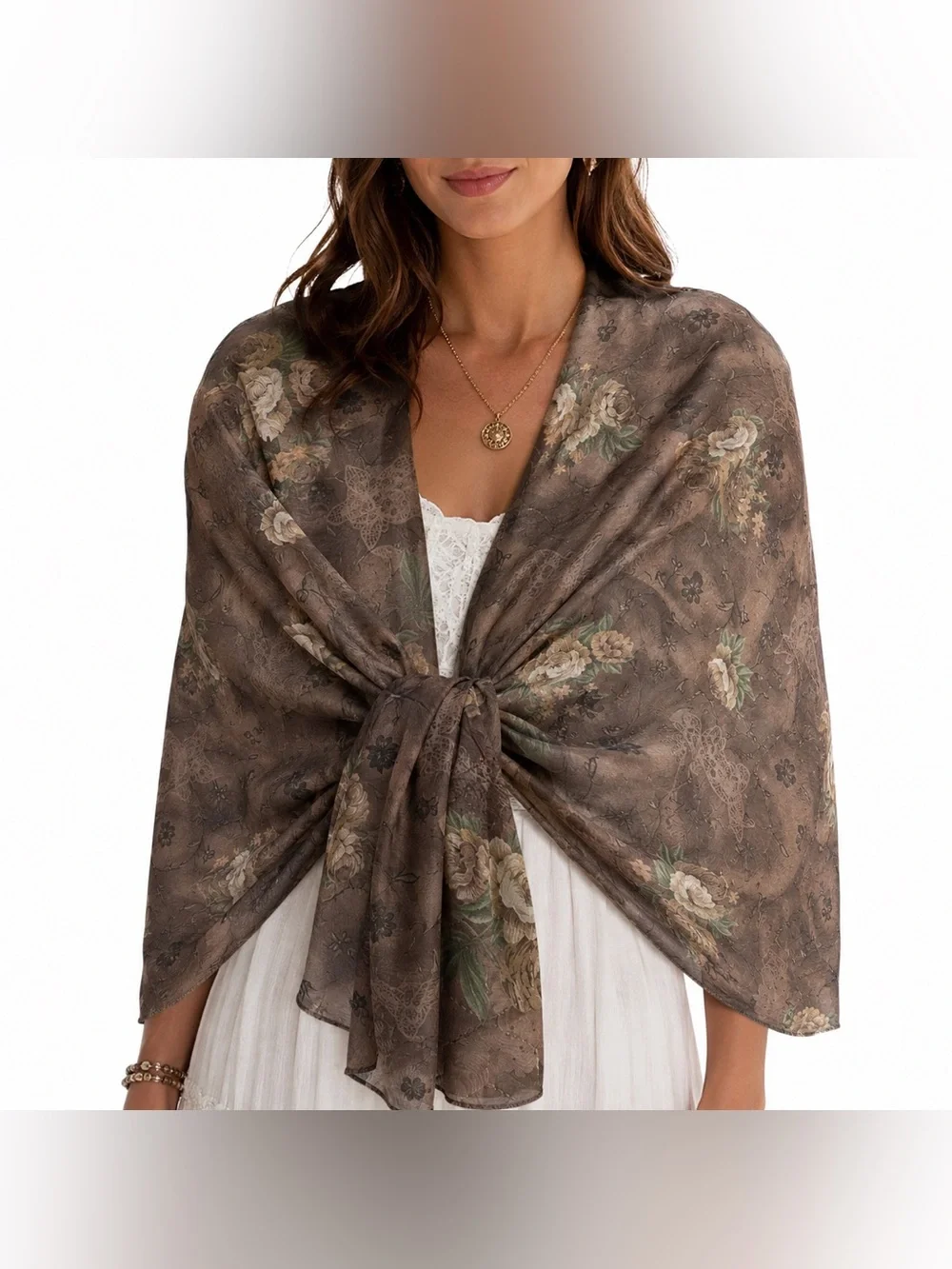Brown Floral Butterfly Sheer Oblong Scarf Cottagecore Romantic 65x19